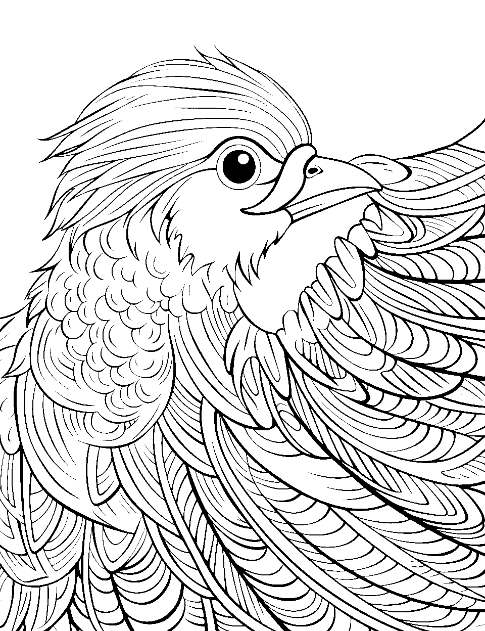 Blue Jay's Feathered Beauty Bird Coloring Page - Close-up of the intricate feather patterns of a blue jay.