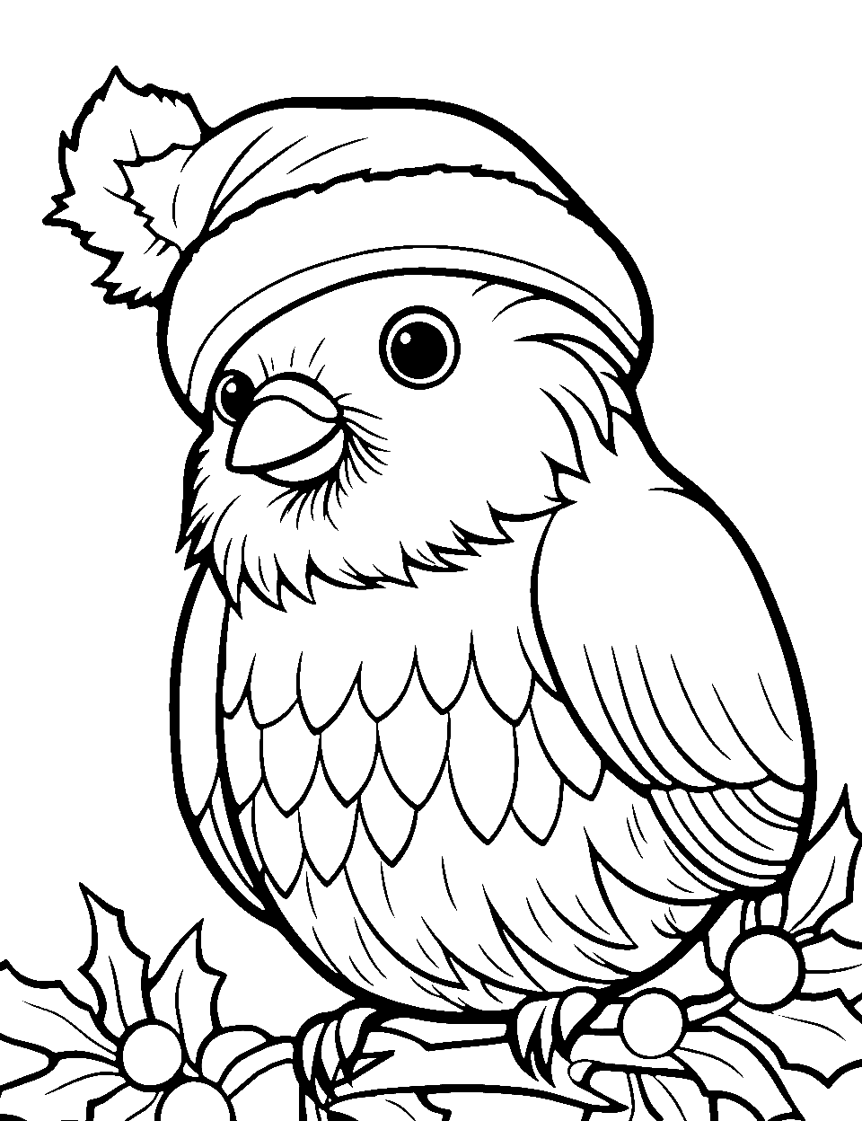 Christmas Robin Coloring Page - A robin with a tiny Santa hat celebrating Christmas.