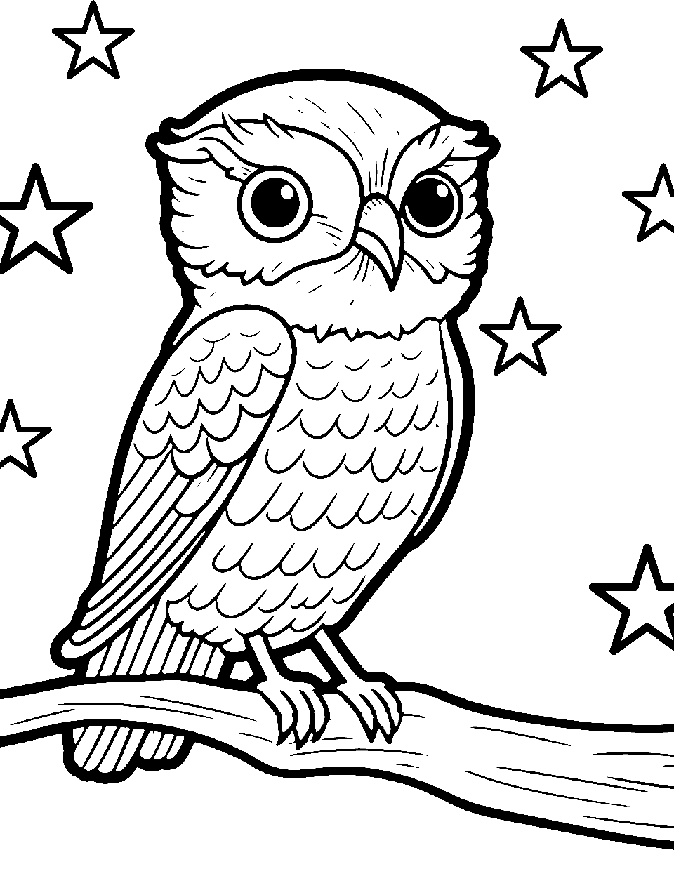 Owl's Midnight Vigil Bird Coloring Page - An owl perched against a backdrop of a starry night.