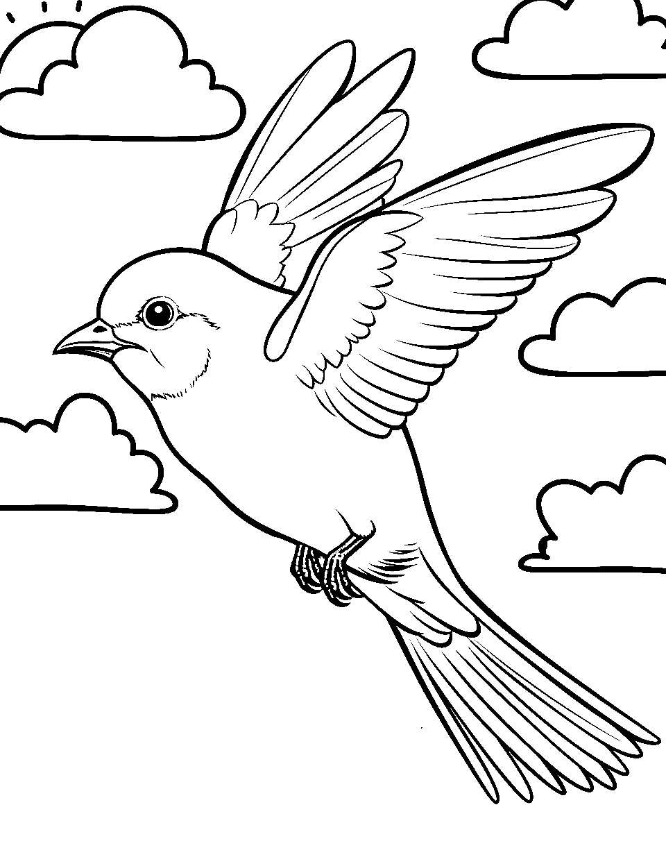 Swallow's Graceful Glide Coloring Page - A swallow gliding smoothly against a clouded sky.