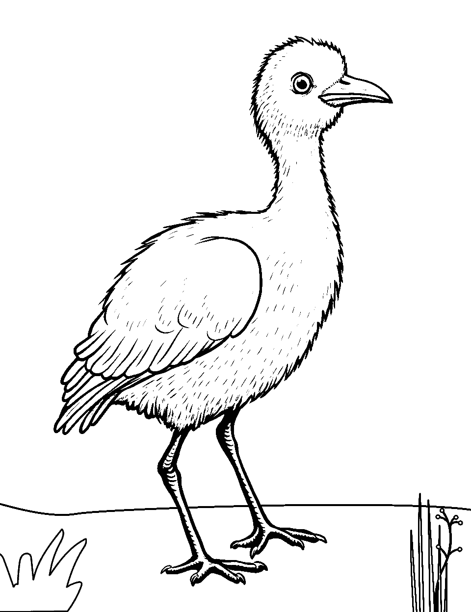 Baby Ostrich's Stride Bird Coloring Page - A baby ostrich with newborn feathers, learning to walk.