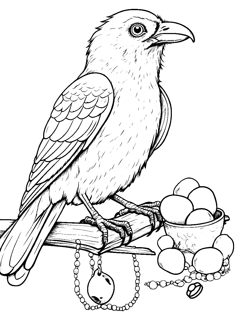 Crow's Treasured Finds Bird Coloring Page - A crow surrounded by shiny trinkets it has found.