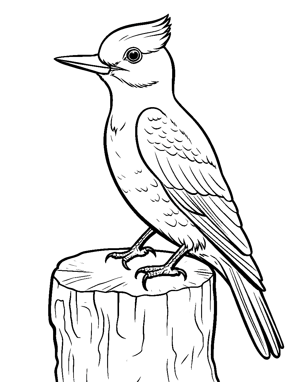 Woodpecker on a Log Coloring Page - A woodpecker on a log ready to peck away.