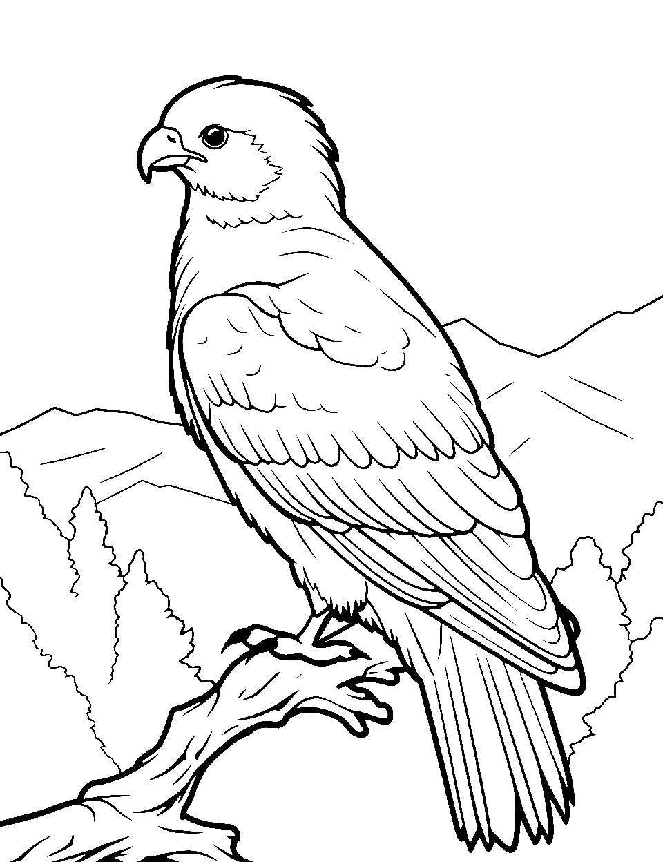 Eagle's Mountain Perch Bird Coloring Page - An eagle perched high on a mountain overlooking a valley.