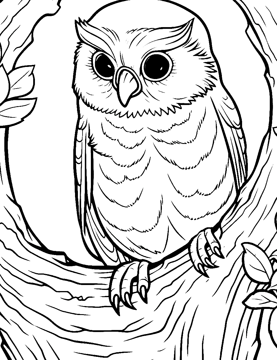 Owl's Cozy Hollow Coloring Page - An owl snugly settled in its tree hollow.