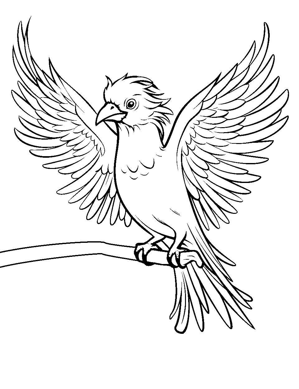 Phoenix's Sighting Coloring Page - A phoenix sitting on a tree branch.