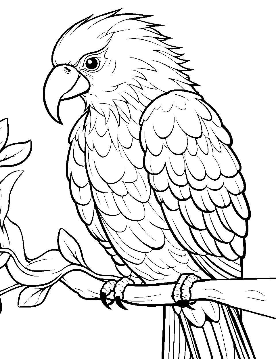 Macaw's Rainbow Plumage Coloring Page - A detailed macaw ready to get painted vivid colors on its feathers.