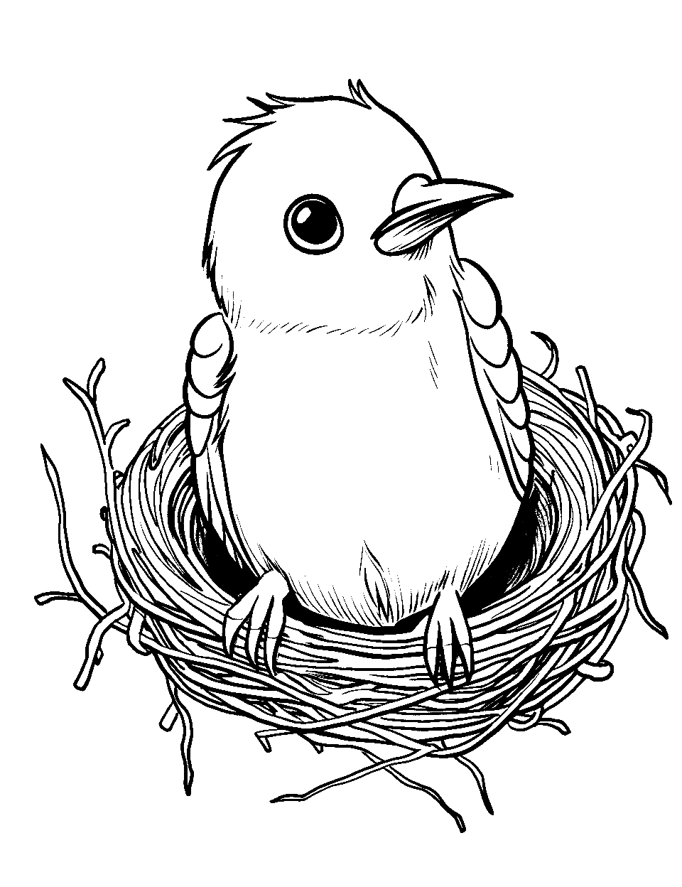 Baby Bird's Nesting Time Bird Coloring Page - A baby bird is eagerly awaiting its mother’s return to the nest.