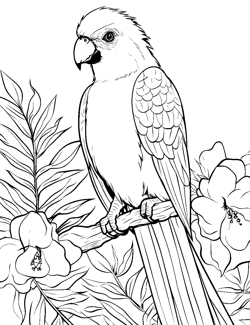 Tropical Bird's Paradise Bird Coloring Page - A tropical bird surrounded by exotic flowers.