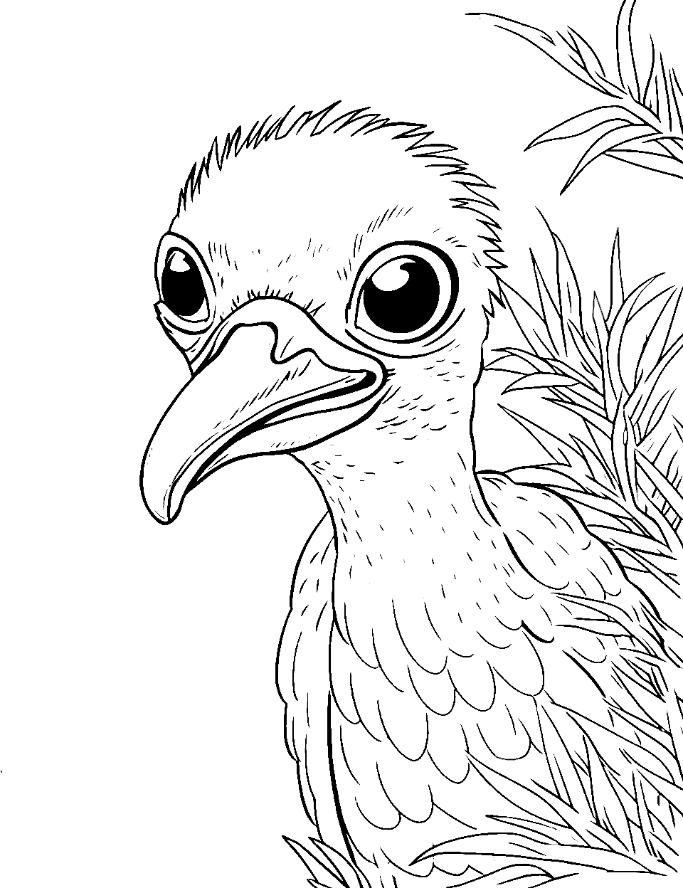 Ostrich's Playful Peek Bird Coloring Page - An ostrich peeking out from behind a bush.