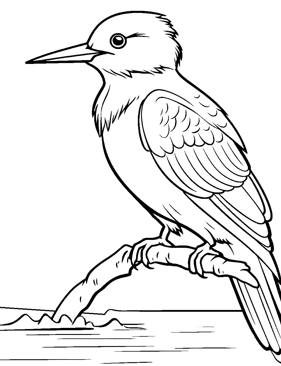 Kingfisher's Riverside Rest Bird Coloring Page - A kingfisher resting by a serene riverbank.