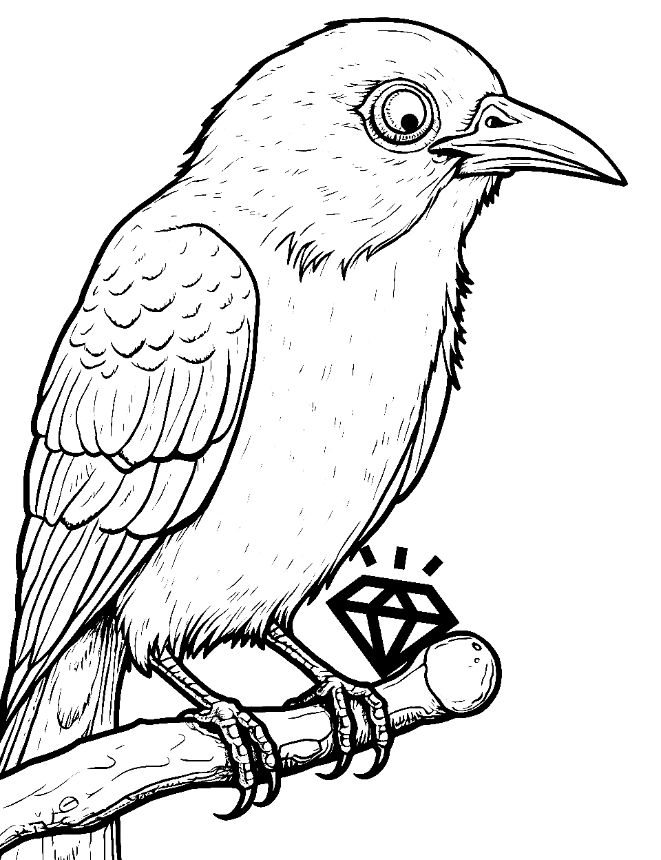 Crow's Shiny Obsession Bird Coloring Page - A crow is eyeing a shiny object with interest.