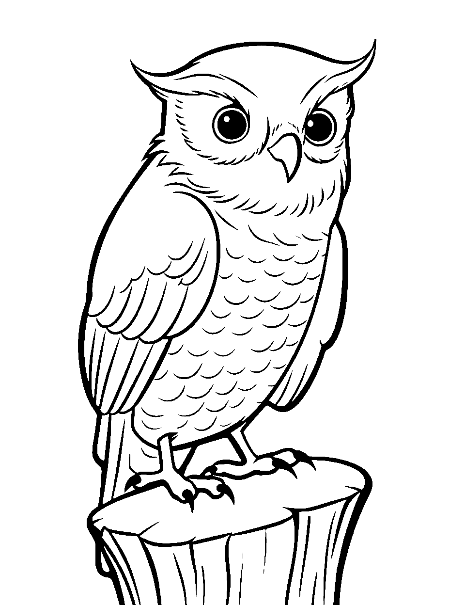 Wise Old Owl Bird Coloring Page - An owl perched on a tree stump, with its large eyes surveying its surroundings.