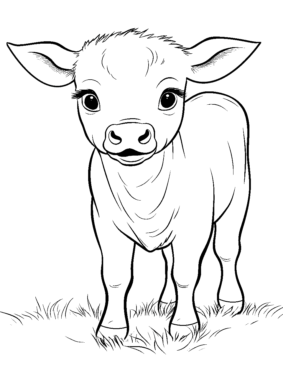 Cute Baby Cow Coloring Page - A chubby baby cow with big eyes exploring a simple grassy field.