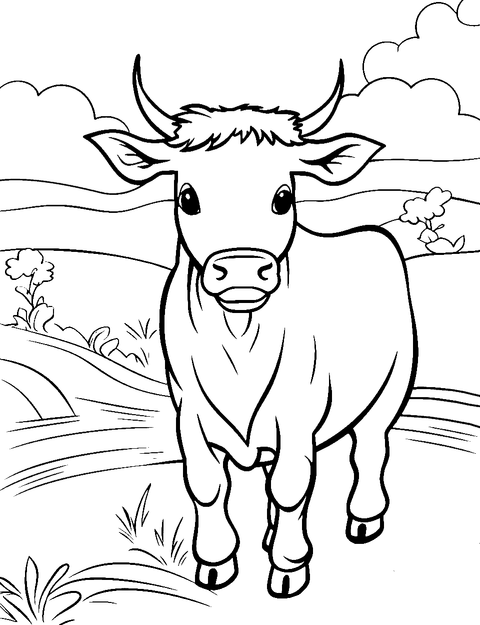 Fantasyland Cow Coloring Page - A cow in a serene fantasyland peacefully strolling around.