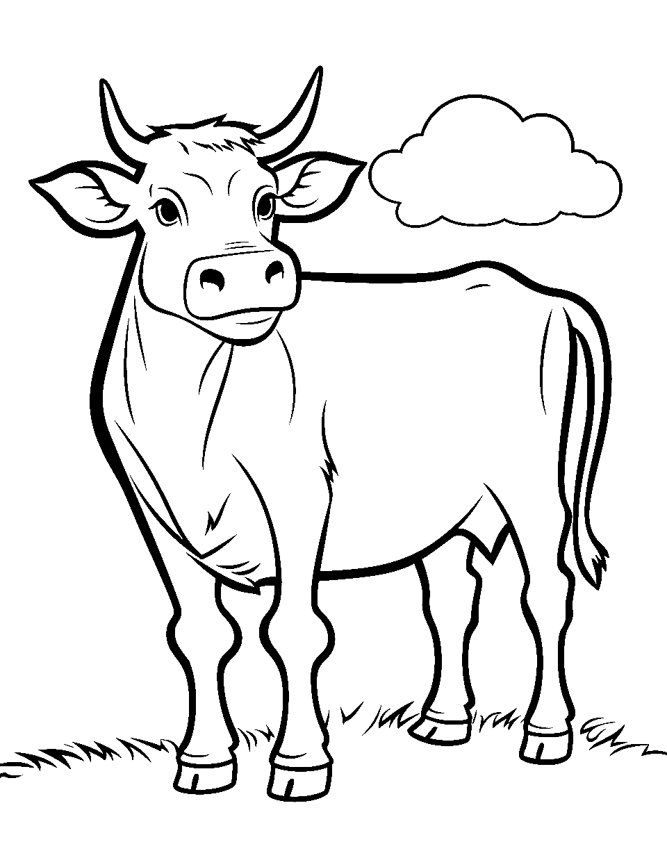 Large, Happy Cow Coloring Page - A large Happy simple to draw cow on a modest patch of grass.