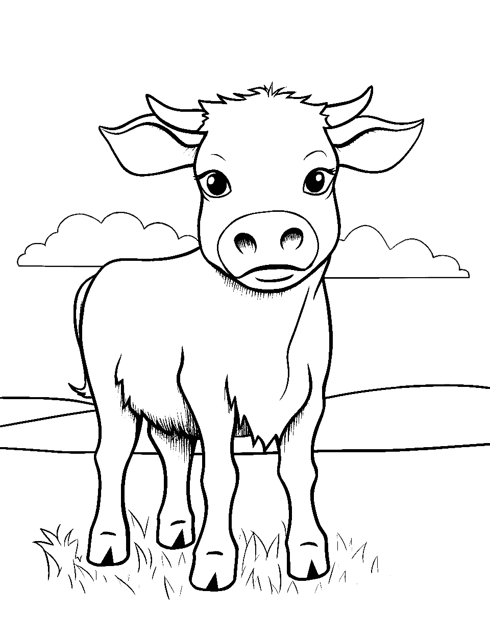 Small Cow, Big Field Coloring Page - A petite cow blissfully gazing into a vast, uncomplicated field.
