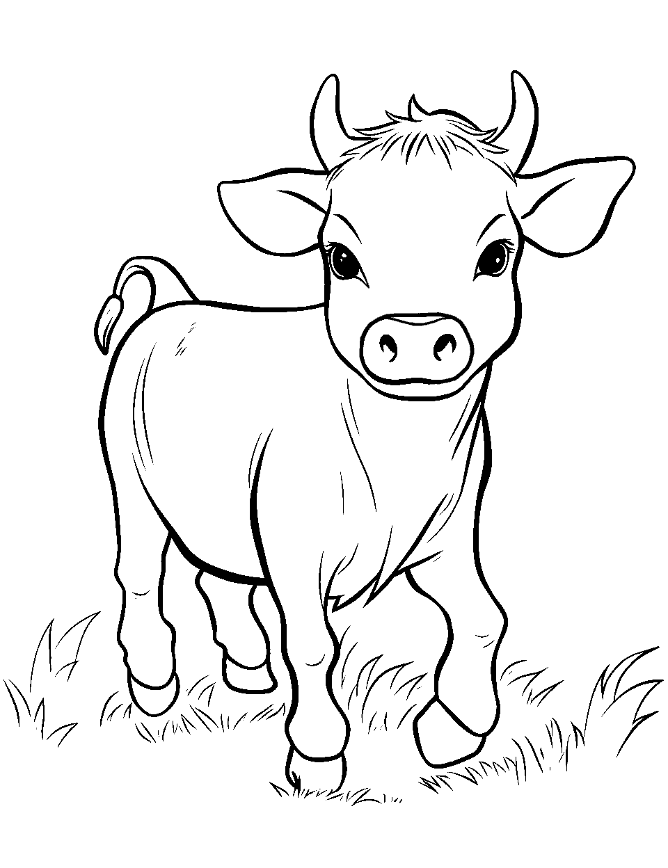 Playful Calf Coloring Page - A playful calf joyously prancing in a sparse, sunny meadow.