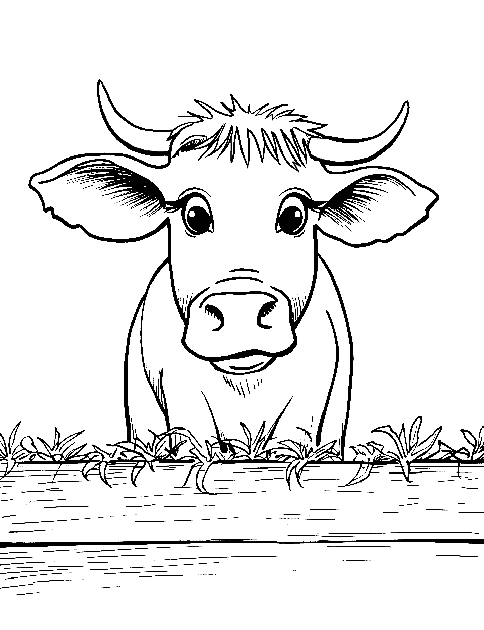 Eating from the Trough Coloring Page - A cow happily munching on hay from a simple feeding trough.