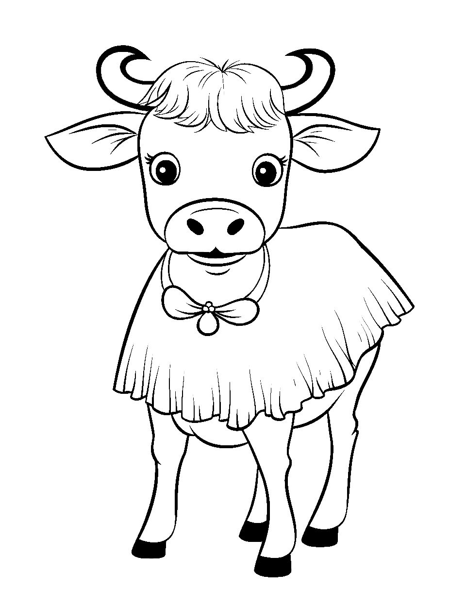 Tutu-Wearing Bovine Coloring Page - A cow donning a cute tutu, posing modestly amidst a blank background.