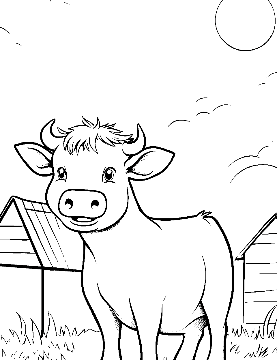 Sunny Day and a Cow Coloring Page - A cow leisurely standing in front of a barn on a sunny day.
