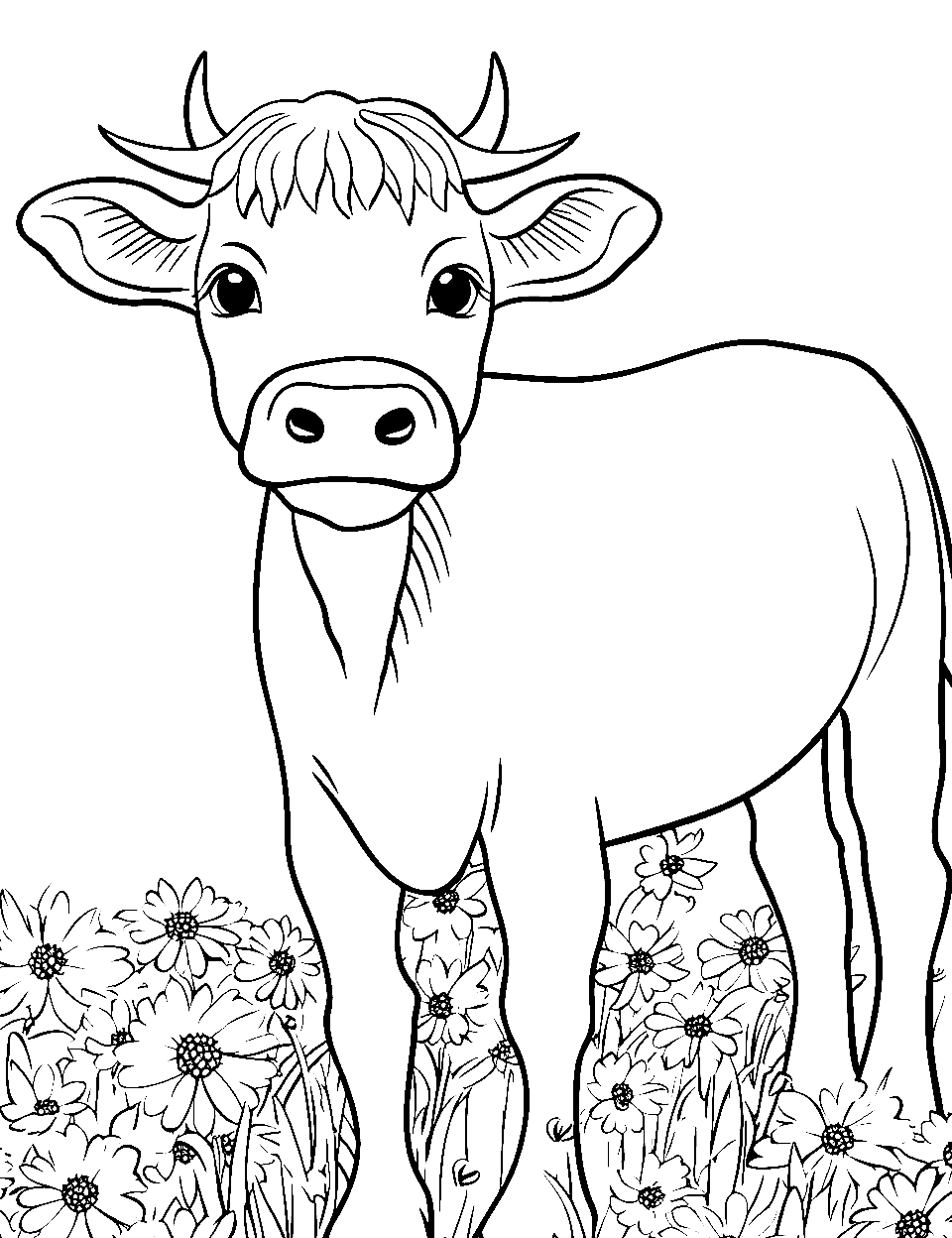 Cow Among the Daisies Coloring Page - A cow meandering through a field with daisies.