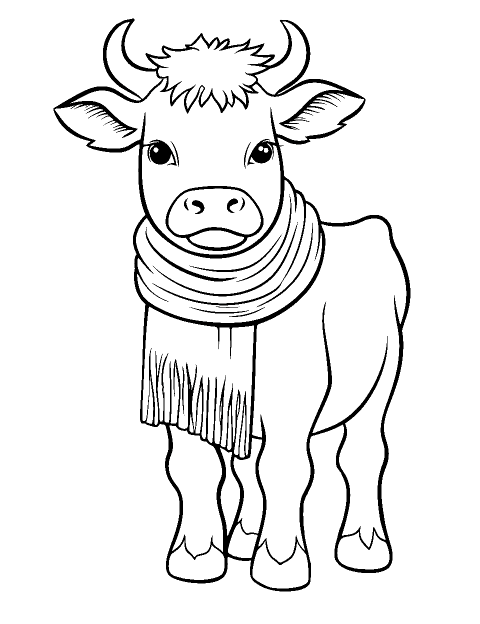 Winter Cow Coloring Page - A cow warmly wrapped in a scarf, standing.