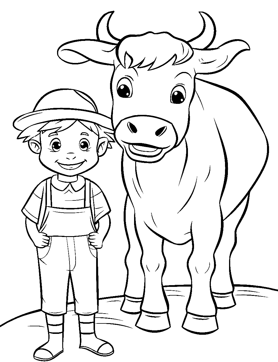 Happy Farmer’s Day Coloring Page - A cheerful farmer next to his happy cow.