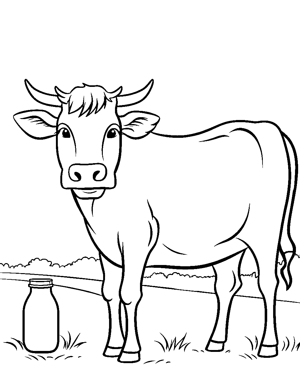 Cow and a Milk Bottle Coloring Page - A cow beside a milk bottle in a simple pasture setting.