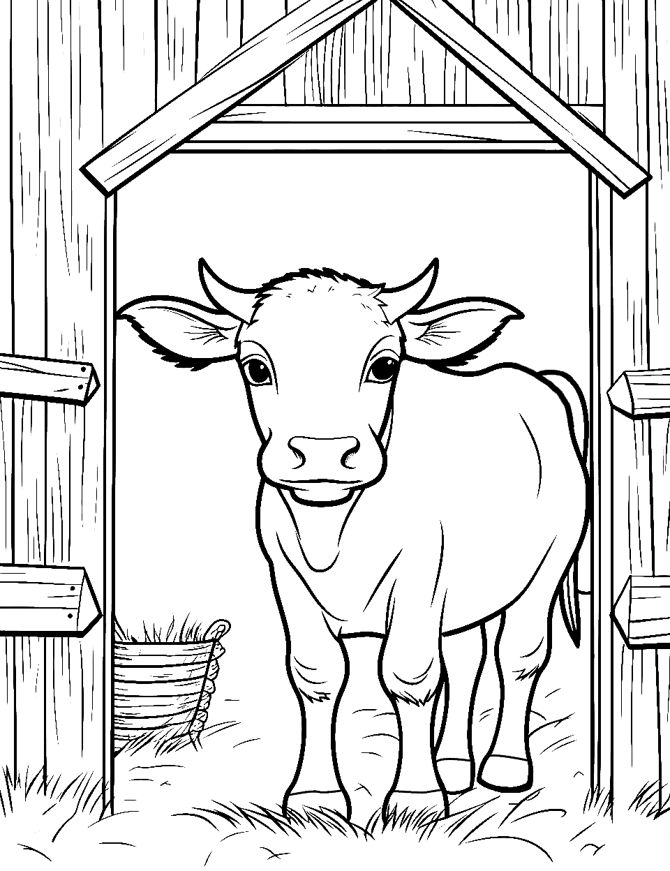 Cozy in the Barn Coloring Page - A cow comfortably situated inside a basic, open barn structure.