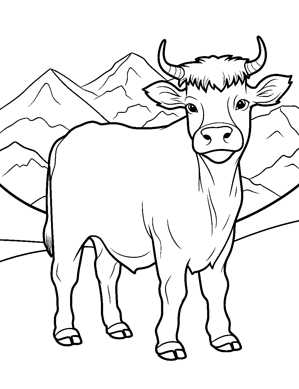 Moo in the Mountains Coloring Page - A cow, standing confidently in front of simplistic, rolling mountains.