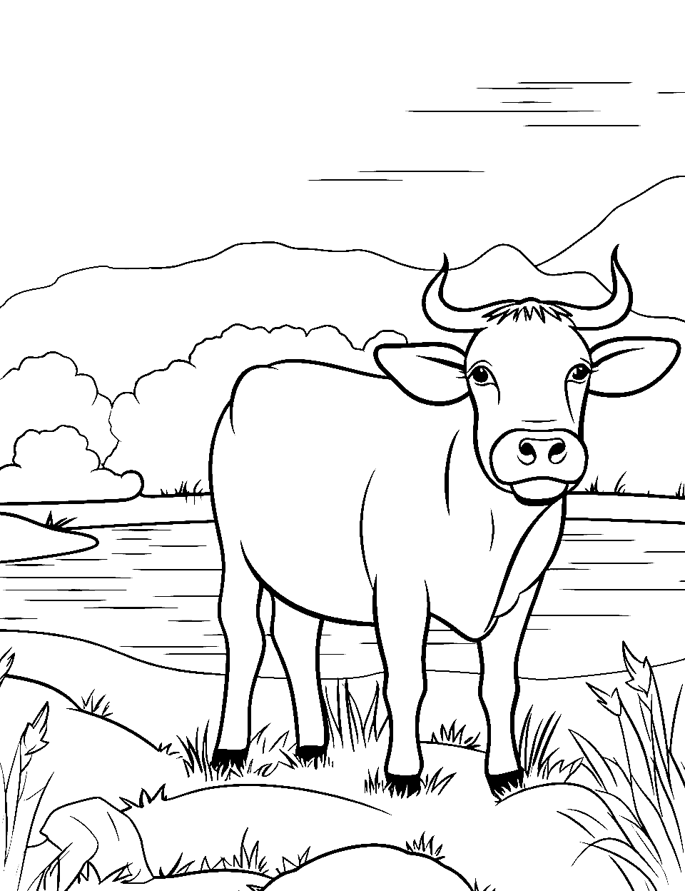 Bovine at the Pond Coloring Page - A cow, quietly standing beside a simplistic, serene pond.
