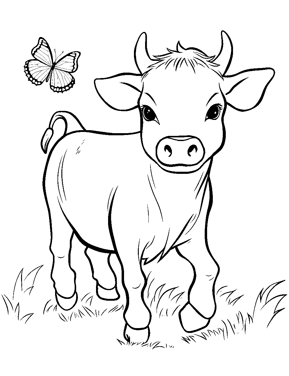 Calf and Colorful Butterfly Coloring Page - A curious, vibrantly colored butterfly flying around a calf.