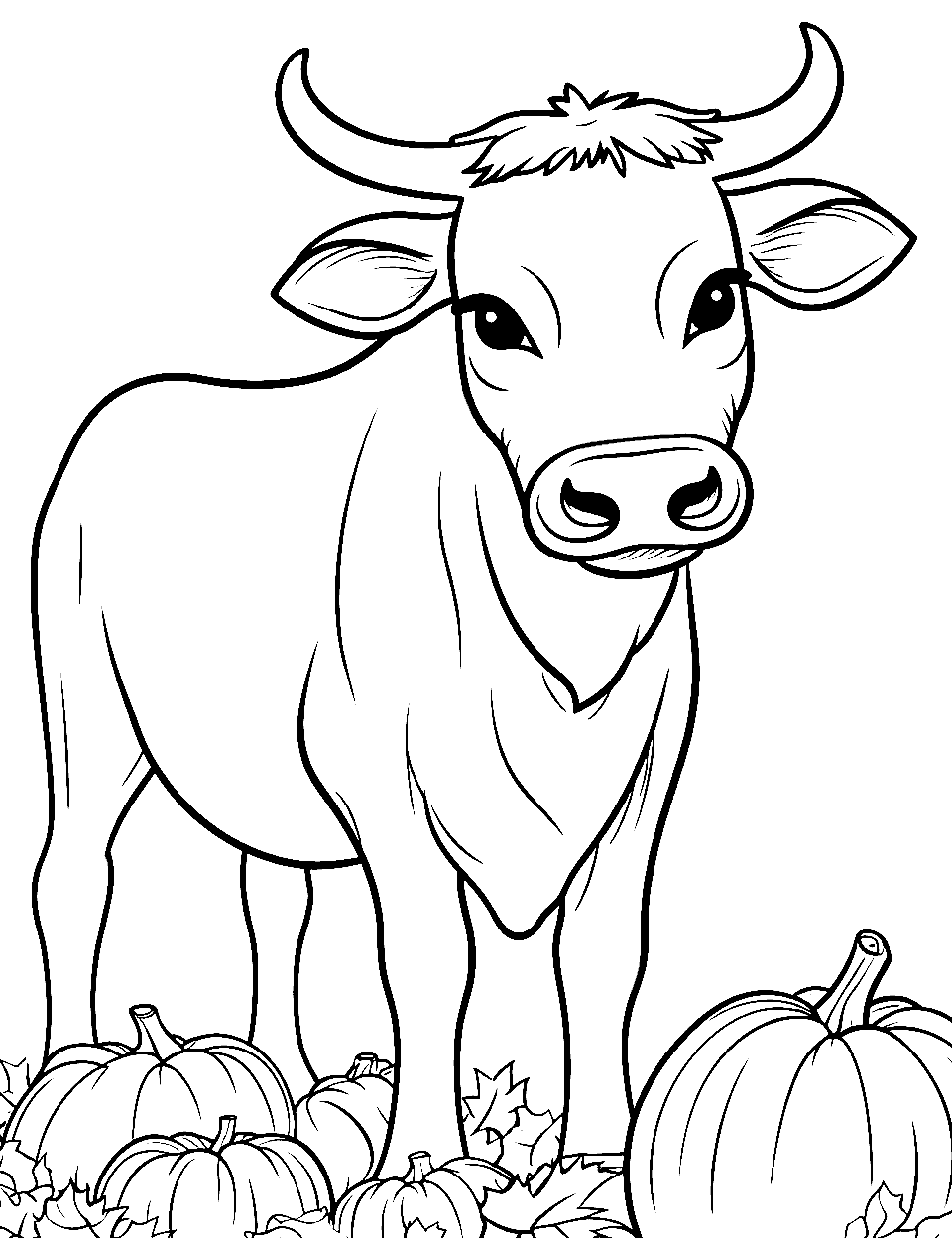 Harvest Time Cow Coloring Page - A cow, moving between simple, oversized pumpkins in a field.