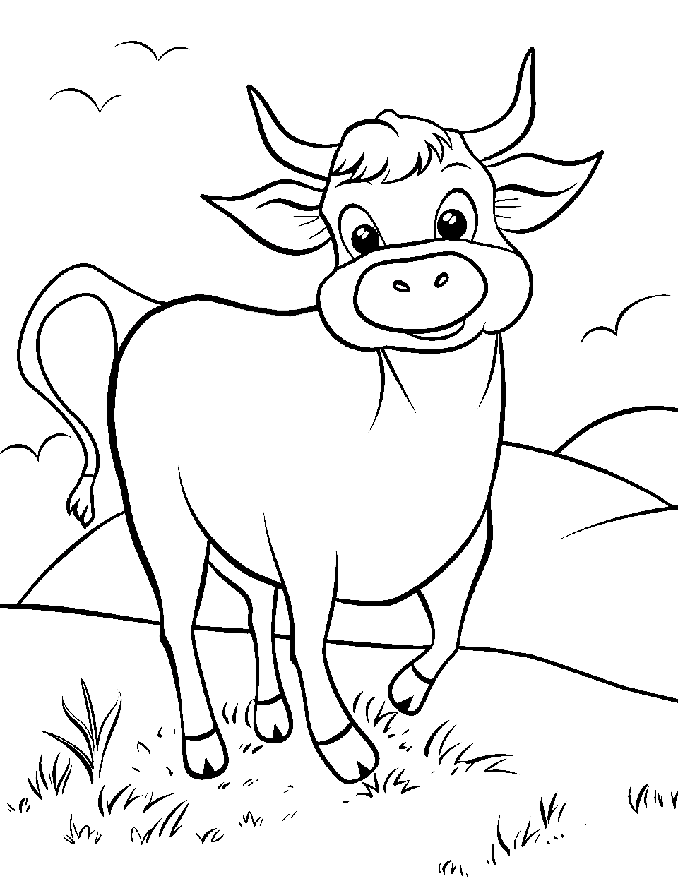 Dancing in the Field Coloring Page - A jolly cow twisting and twirling among gentle grassy knolls.