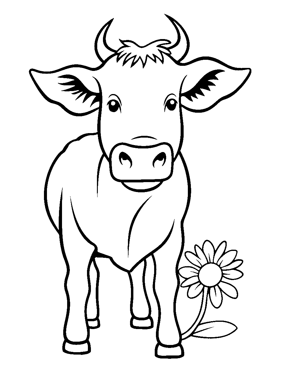 Springtime Flower and Cow Coloring Page - A cow with a single, large spring flower.