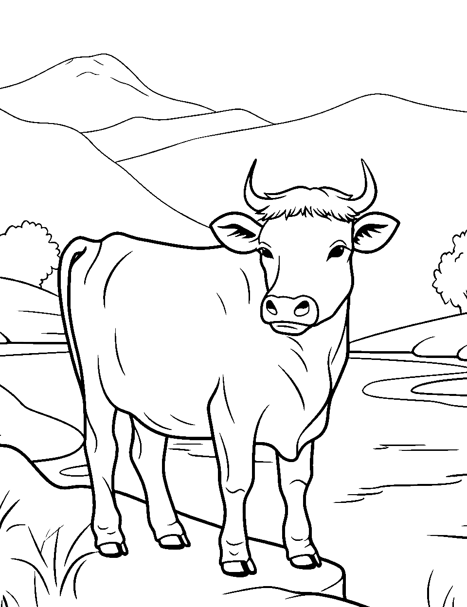 Calm Cow by the River Coloring Page - A peaceful cow grazing beside a simple, flowing river.