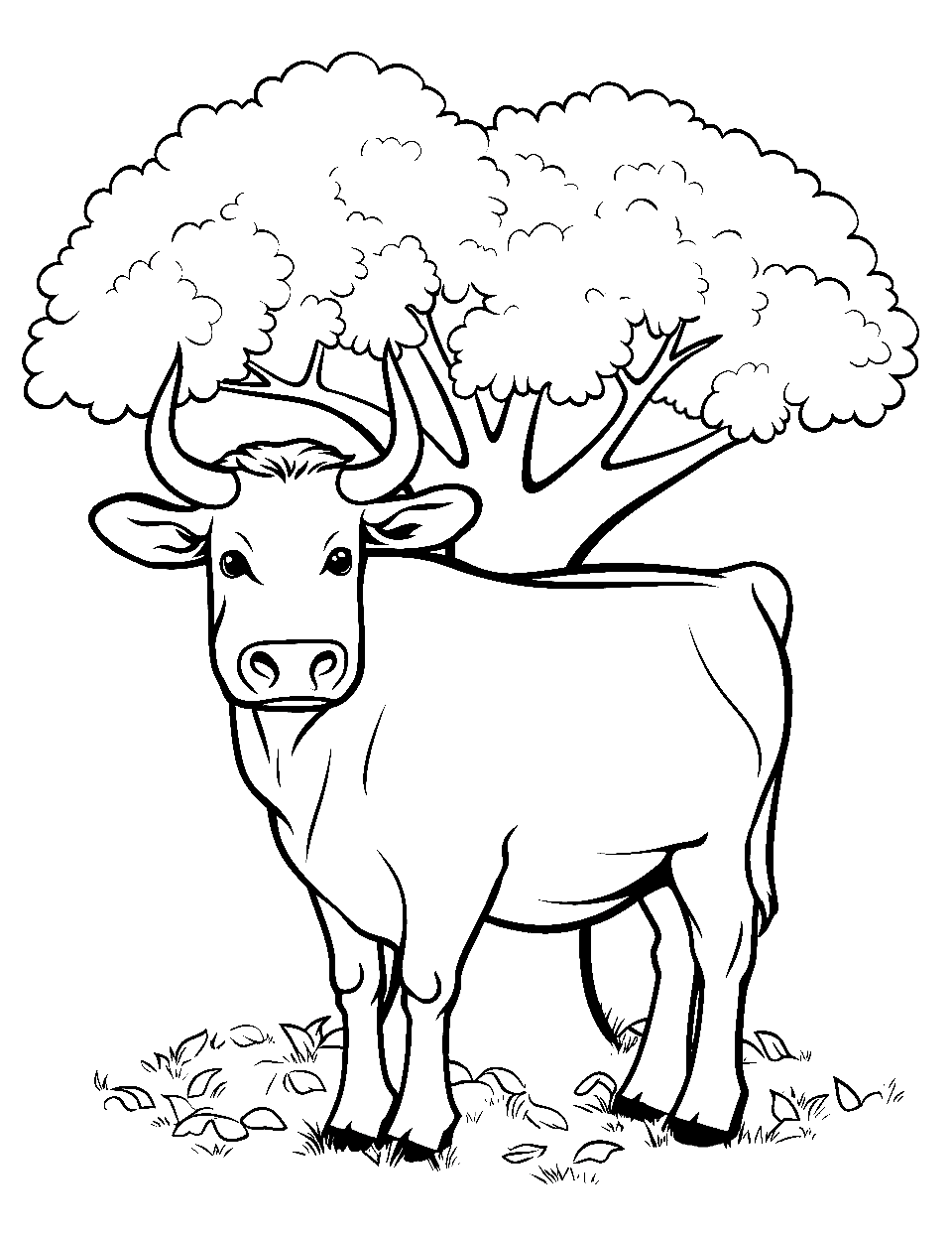 Cow Under the Simple Tree Coloring Page - A cow, taking shelter under a single, easy-to-color tree.
