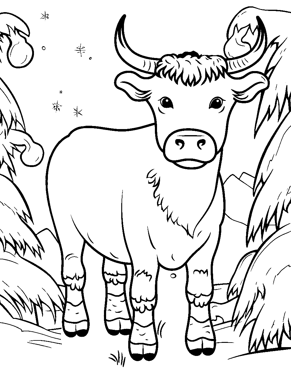 Warm and Woolly Coloring Page - A woolly cow, confidently situated in a sparse, cozy winter scene.