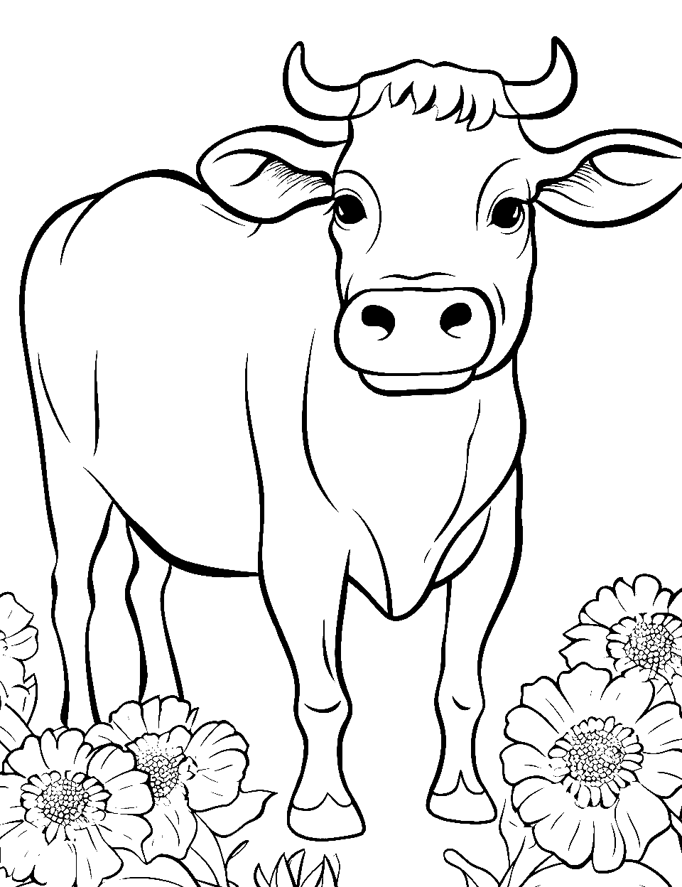 Sunflower and the Grazing Bovine Coloring Page - A cow peacefully grazing near sunflowers.