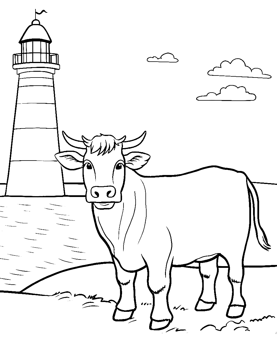 Lighthouse and Coastal Cow Coloring Page - A cow grazing near a simplistic lighthouse along the coast.