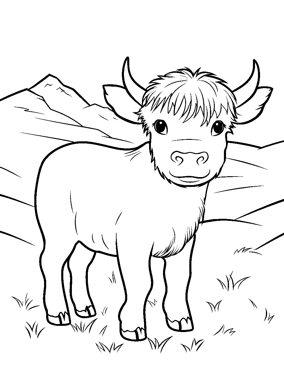 Highland Calf Adventure Coloring Page - A fluffy highland calf merrily hopping through a soft hillside.