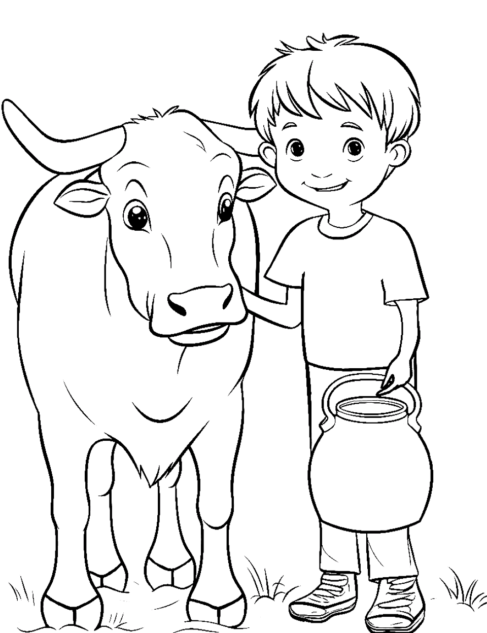 Kid and a Milk Pail Coloring Page - A cheerful kid holding a pail of milk next to a tranquil cow.