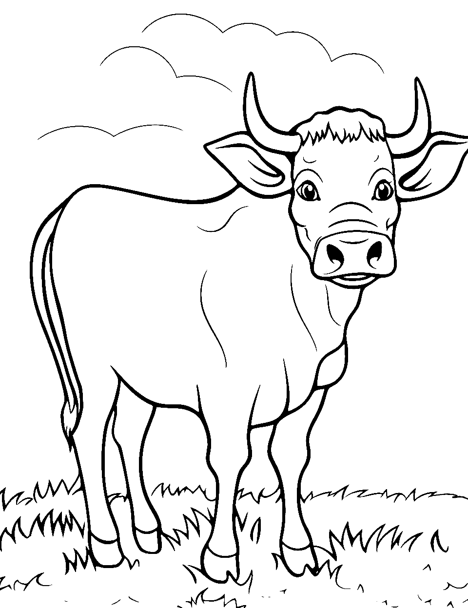 Elderly Cow in the Field Coloring Page - An older, wise-looking cow leisurely strolling through a gentle field.