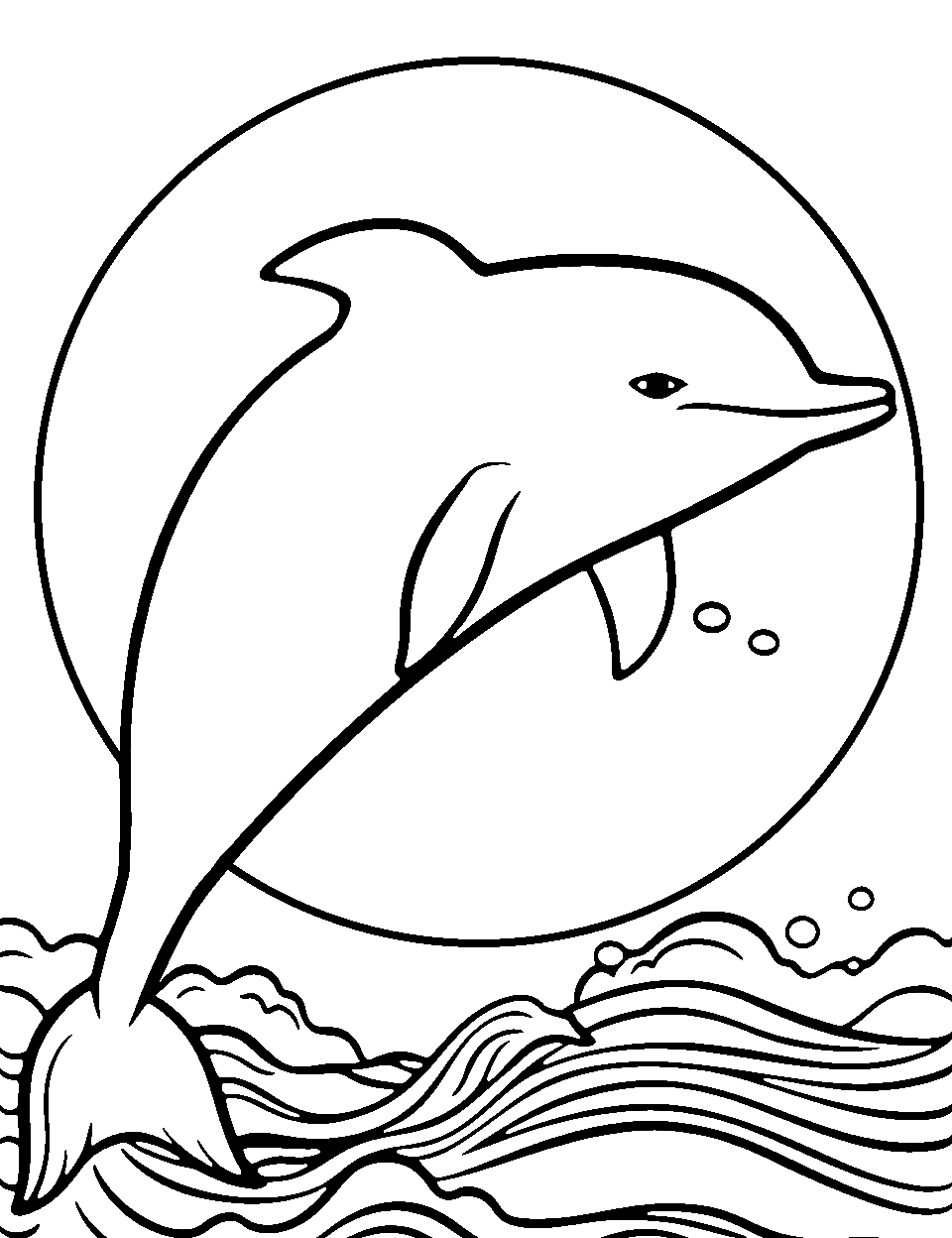 Summer Dolphin Sunset Coloring Page - A dolphin silhouetted against a vibrant summer sunset, creating a peaceful evening seascape.