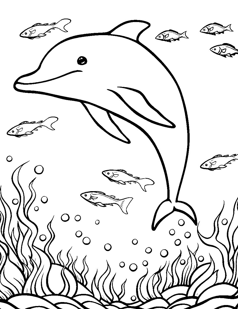 Ocean Explorer Dolphin Coloring Page - A dolphin navigates through a sea of gentle seaweed, creating a sense of ocean exploration.