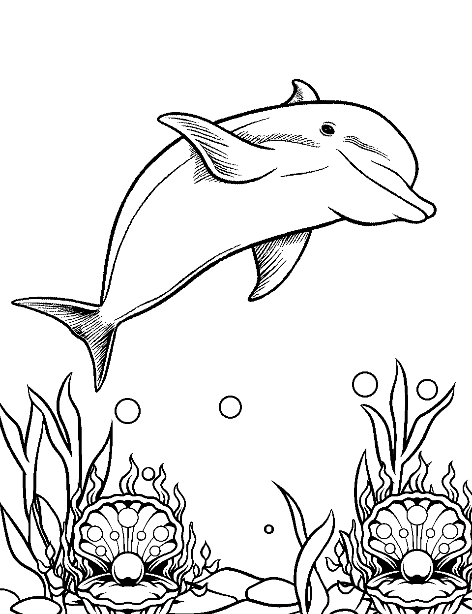 Pearl and Dolphin Coloring Page - A dolphin floating through a sea of pearls.