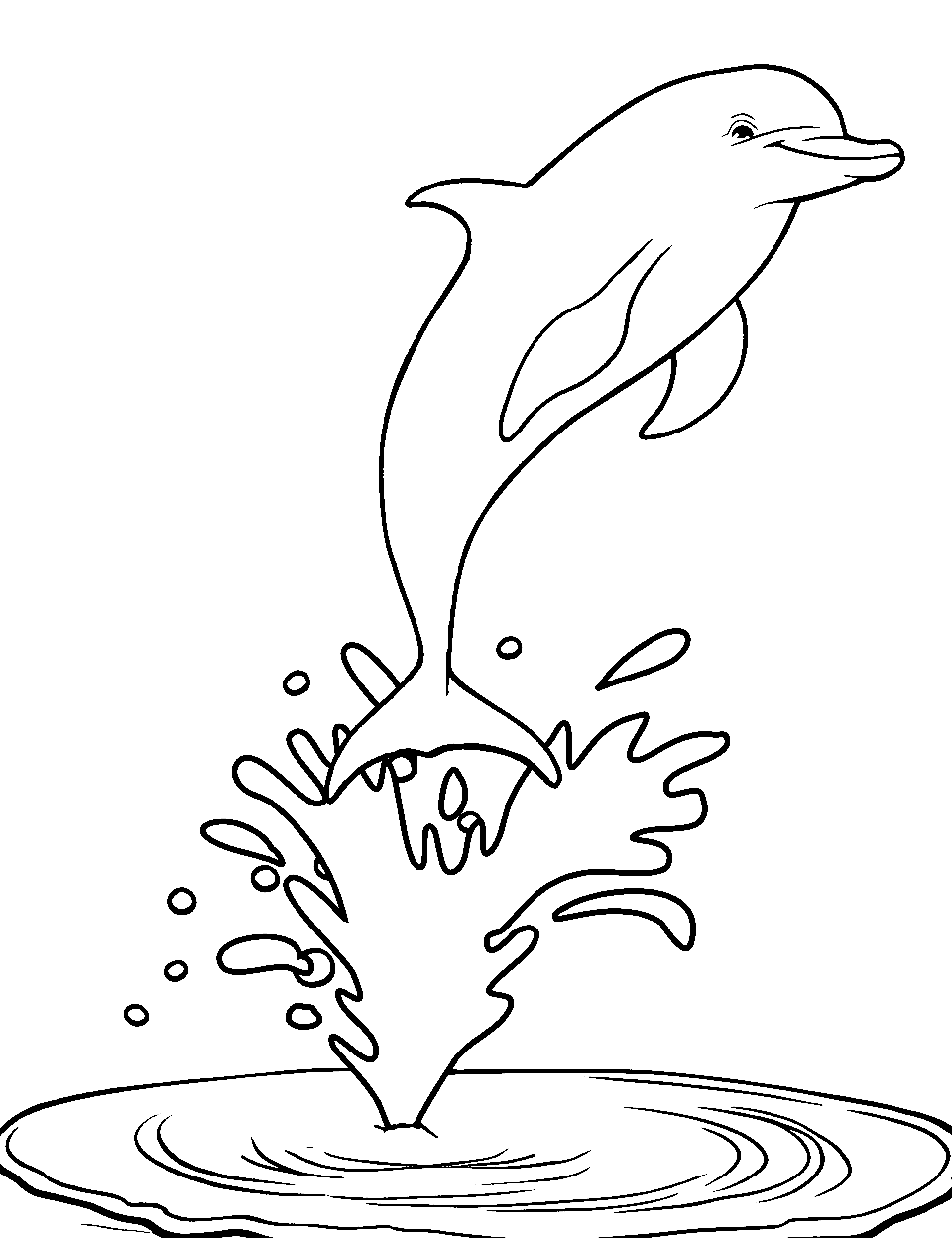 Dolphin Performing Tricks Coloring Page - A dolphin happily performing a trick jumping out of calm water surface.
