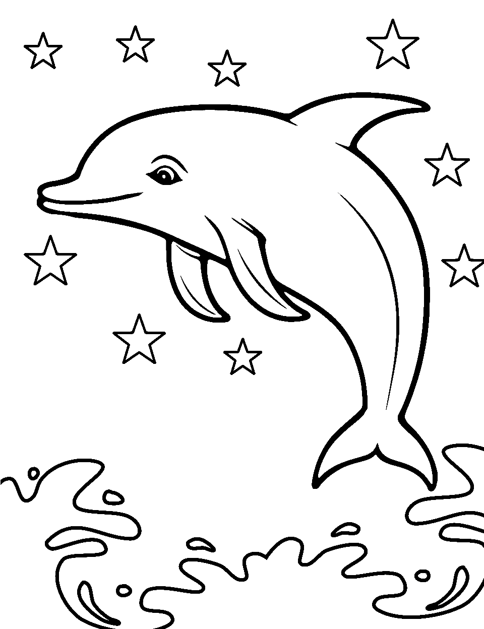 Starlit Dolphin Night Coloring Page - A dolphin leaping under a sky full of stars providing a mystical light.