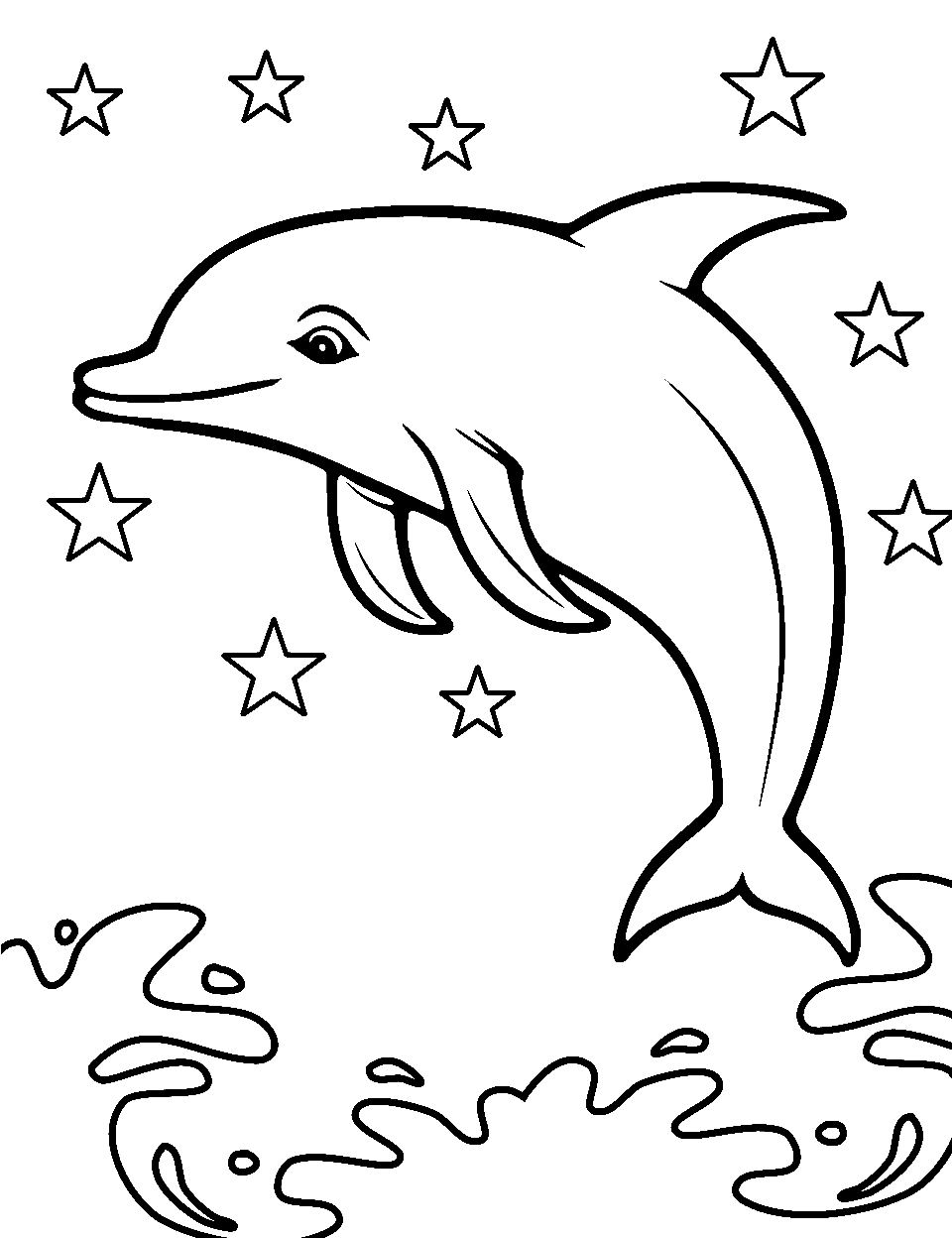 Starlit Dolphin Night Coloring Page - A dolphin leaping under a sky full of stars provides a mystical light.